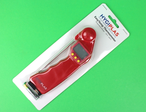 Digitales Stechthermometer mit anklappbarer Nadel von Hygieplas Messbereich: -50/+300°C Einstechtiefe: 115 mm Farbe: rot